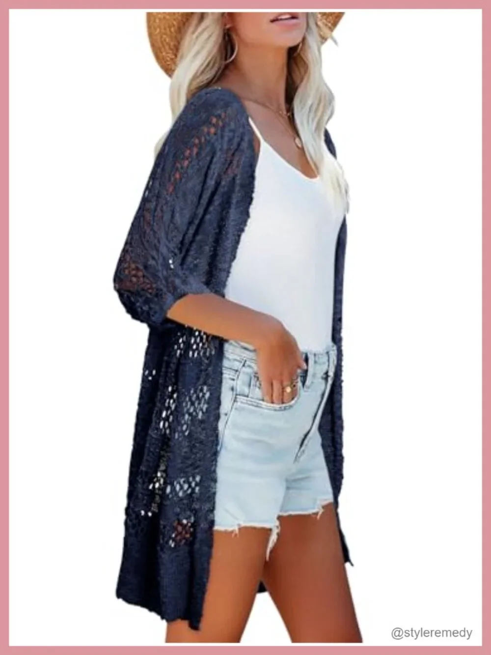 Lightweight Crochet Knit Cardigan Short Sleeve Open Front
